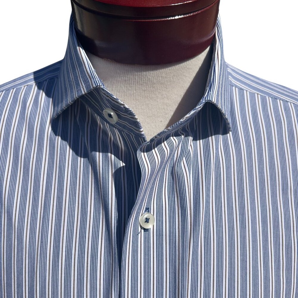 LORENZO UOMO Men's Blue White Brown Stripe Trim Fit Button Up Shirt 16 (34-35)